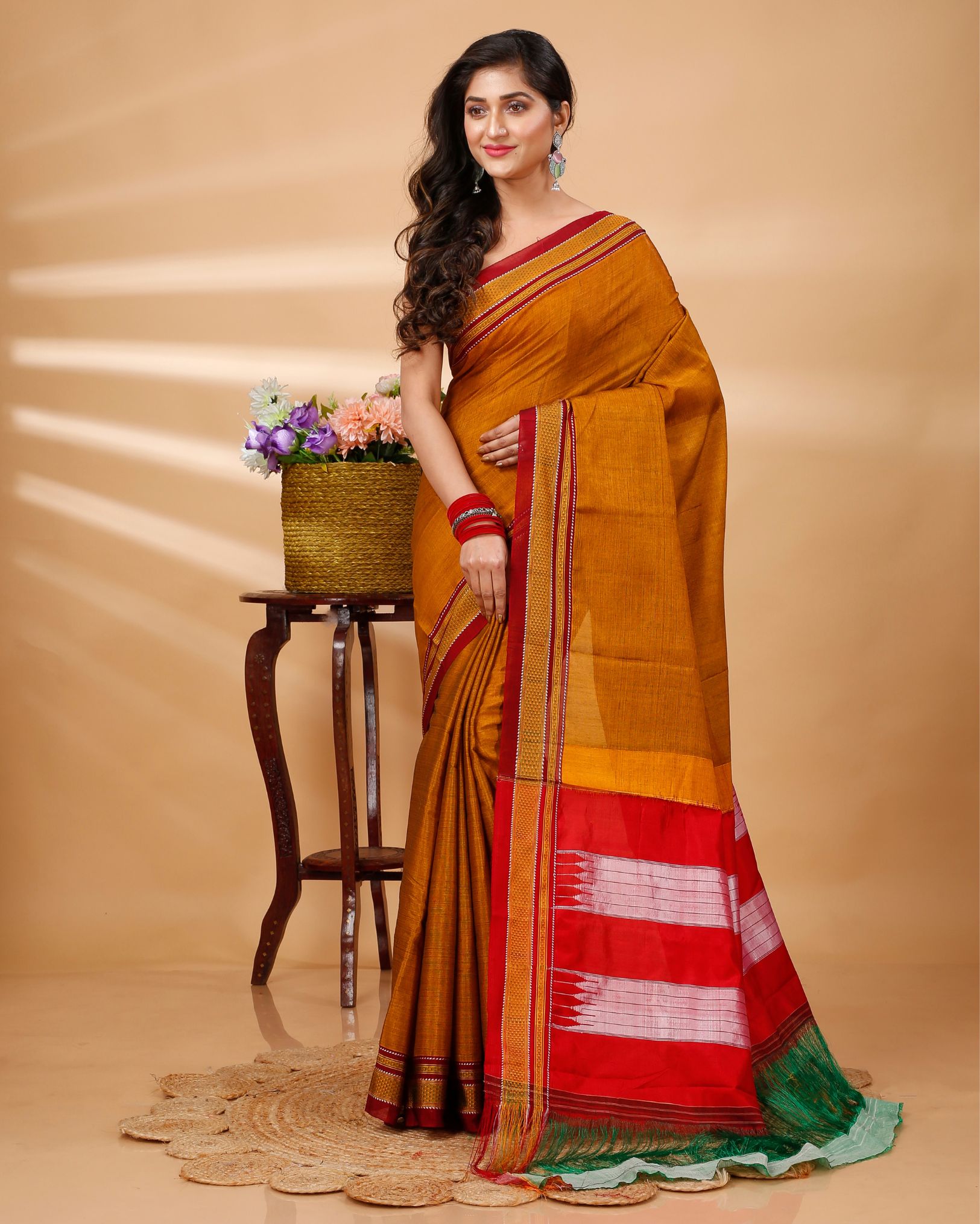ILKAL Handloom Cotton Silk Saree Mustard Orange Color with running blouse - IndieHaat