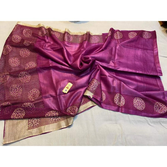 Silkmark Certified Pure Tussar Hand Cutwork Purple Colour Saree (Tussar by Tussar Fabric)-Indiehaat