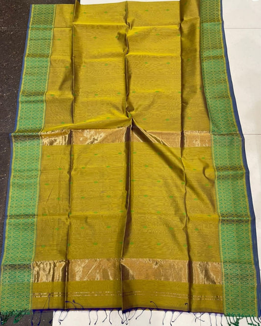 Maheshwari Handloom Silk Saree Goldenrod Yellow Color allover hand buti work with Resham border and running blouse - IndieHaat
