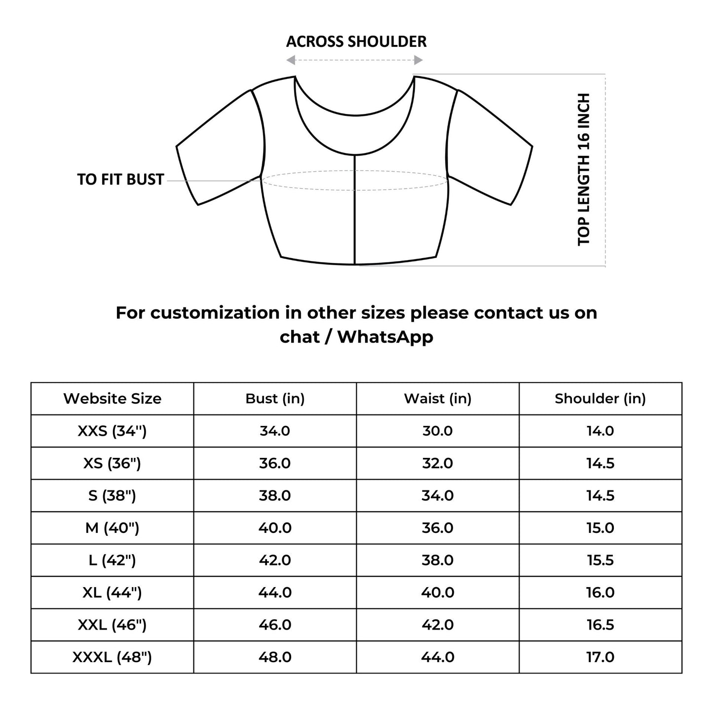 Size chart for IndieHaat products - Crop Top / Blouse