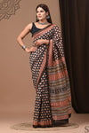 Pure Chanderi Silk  Black Saree Handblock Printed with running blouse