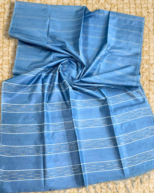 Pure Kota Silk Weaving Saree Steel Blue Color with Dupion Strip and running blouse - IndieHaat