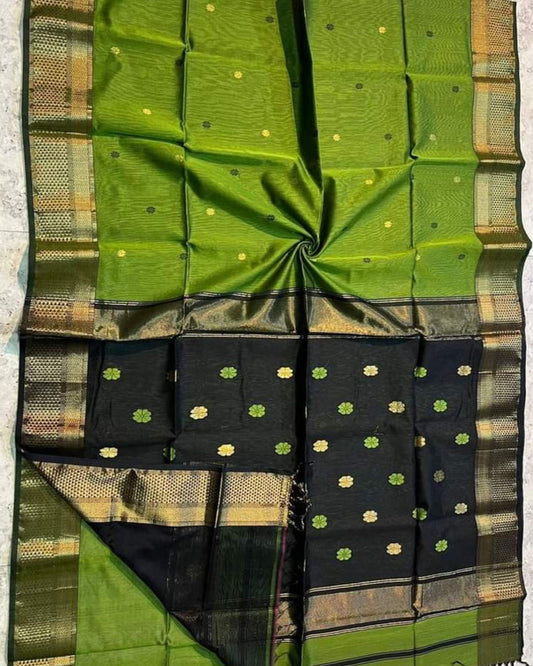 Maheshwari Handloom Handwoven Saree Olive Green Color Double Design Zari Border, flower work Buti pallu and running blouse - IndieHaat