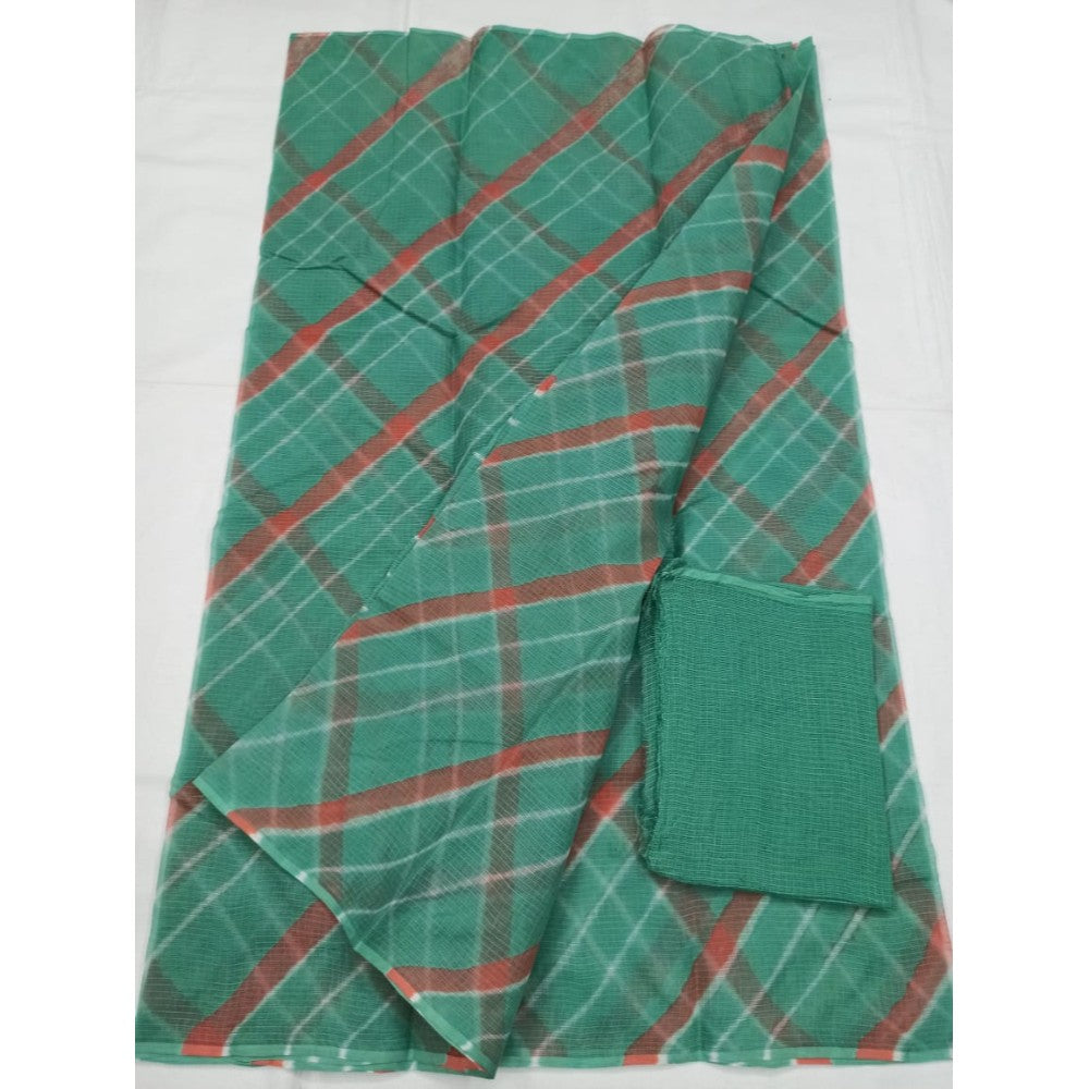 Cotton Kota Doria Green Saree with blouse Handcrafted-Indiehaat
