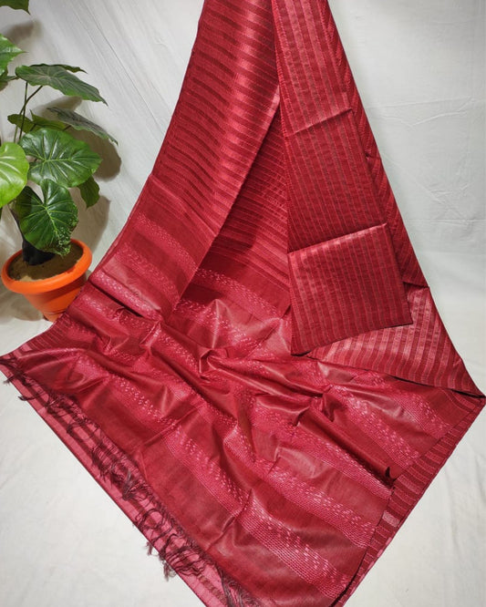 Bansbara Silk Saree Burgundy Red Color Striped Design with Tassel and running blouse - IndieHaat