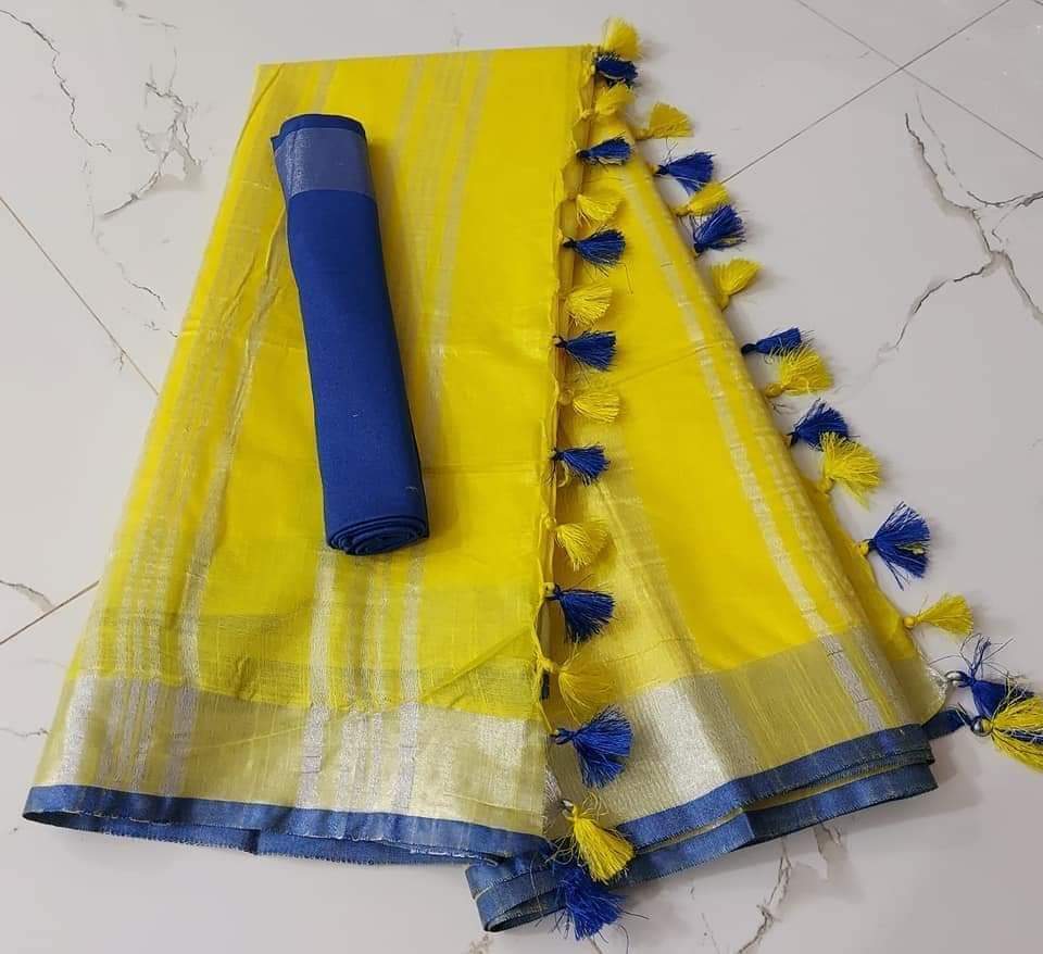 Slub Linen Hand Dyed Yellow Saree with Contrast Blouse-Indiehaat