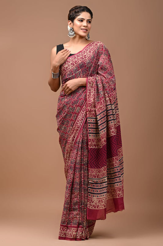 Mulmul Cotton Saree Burgundy Red Color Handblock Printed with running blouse - IndieHaat