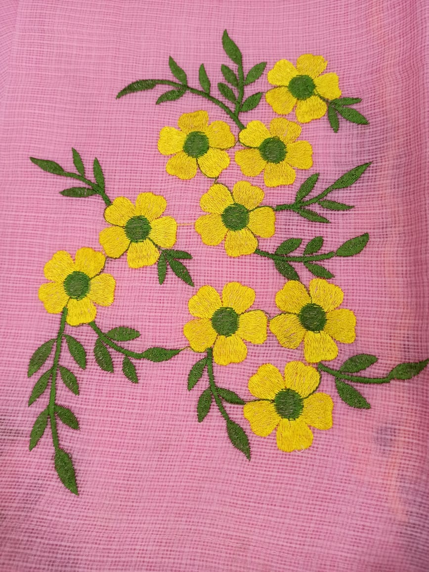 Kota Doria Pink Pure Cotton Embroidery Saree With Blouse Handcrafted-Indiehaat