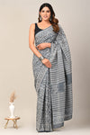 Mulmul Cotton Saree Metallic Gray Color Handblock Printed with running blouse - IndieHaat