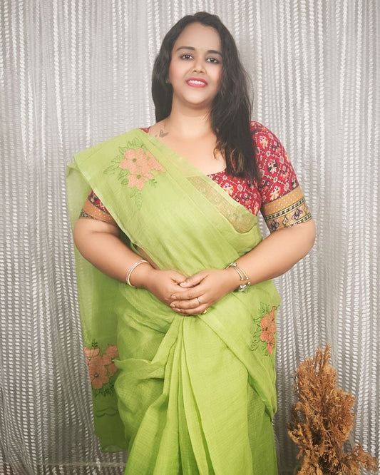 Kota Doria Pure Cotton Embroidered Saree Lime Green Color with blouse Handcrafted - IndieHaat