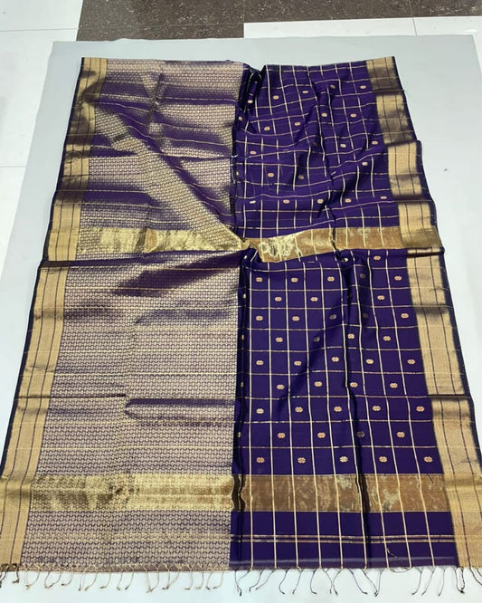Maheshwari Handloom Pure Tissue Silk Saree Indigo Blue Color with running blouse - IndieHaat