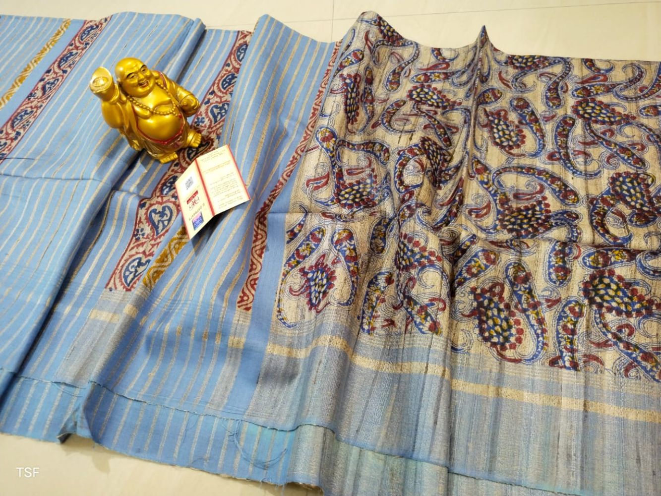 Silkmark Certified Tussar Silk Handloom Handblock Printed Blue Saree with Blouse-Indiehaat
