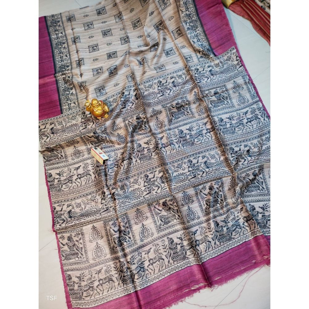Silkmark Certified Tussar Silk Madhubani Block Print Biege color Saree with Blouse-Indiehaat
