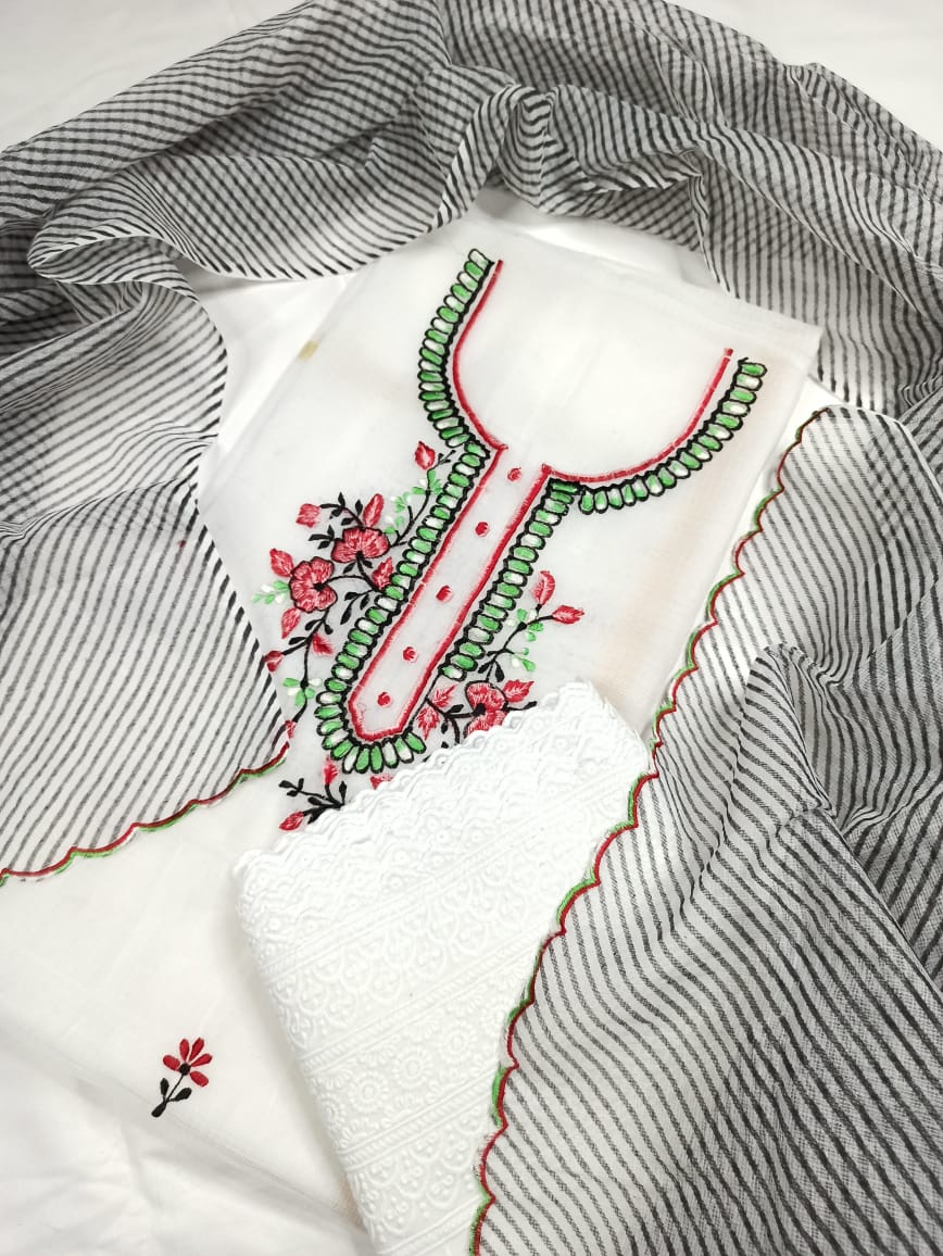 Kota Doria Embroidery White Suit Material with Leheriya Black Dupatta and Chikenkari Bottom-Indiehaat