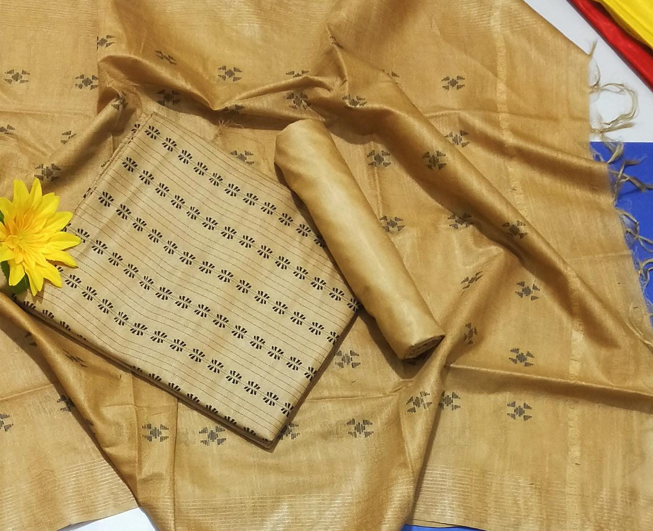 Handcrafted Katan Silk Mustard Yellow Suit Piece with Bottom and Dupatta-Indiehaat