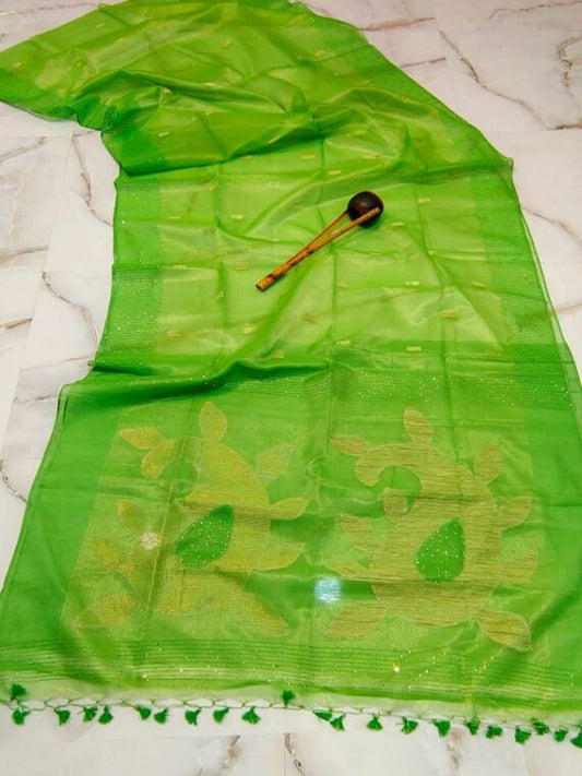 Tissue Muslin Saree Green Color Jamdani Weaving with running blouse - IndieHaat