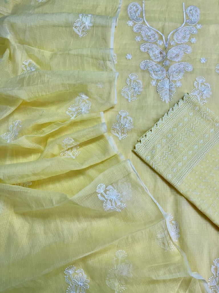 Kota Doria Suits Chickenkari Embroidery Work Light Yellow Colour (TOP+DUPATTA+BOTTOM)