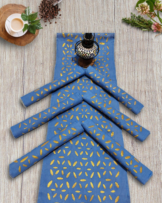 Cotton Table Runner and Mat Set (6+1) Applique work Blue Color - IndieHaat