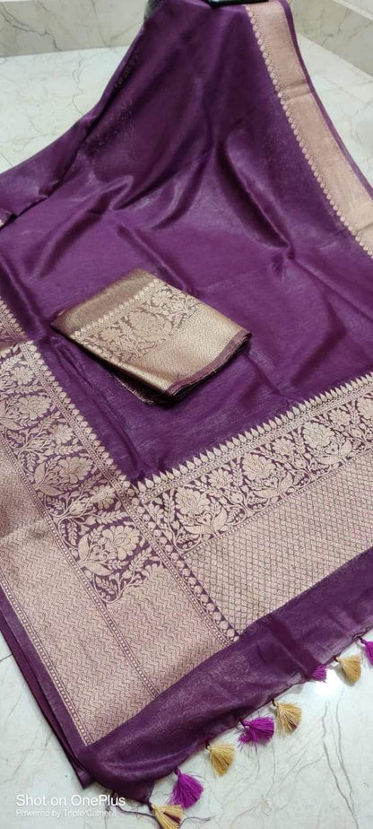 Silk Linen Weaving Design Jacquard Handloom Saree with Running Blouse