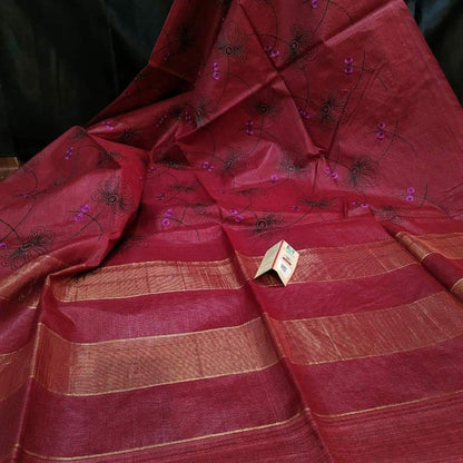 Silkmark Certified Eri Silk Digital Embroidered Red Saree with Running Blouse-Indiehaat