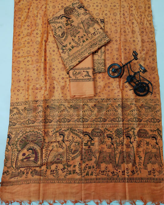 Katan Silk Suit Caramel Brown Color Madhubani Print - IndieHaat