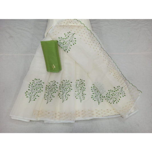 Kota Doria Embroidery White Saree with blouse Handcrafted-Indiehaat