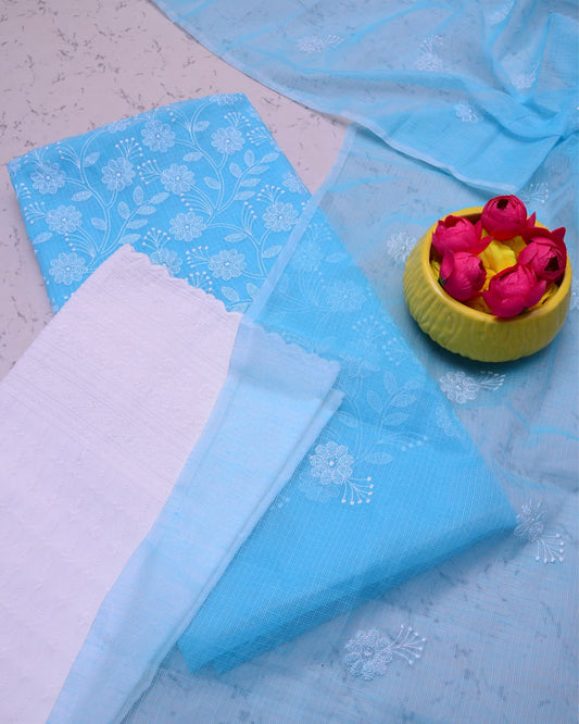 Kota Doria Suits White & Sky Blue Color Embroidery Work (Top+Bottom+Dupatta) - IndieHaat