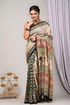 Pure Chanderi Silk  Beige  Saree Handblock Printed with running blouse