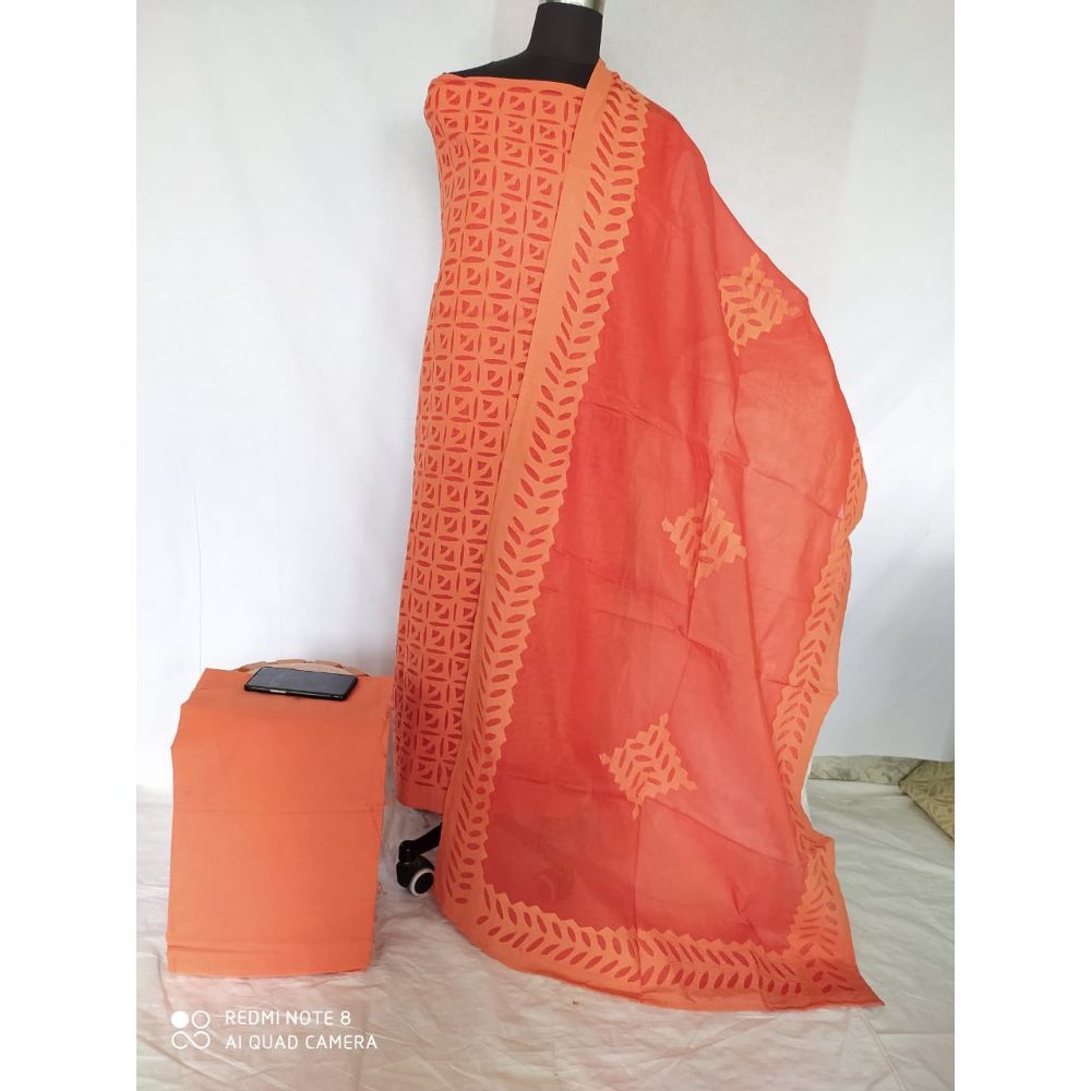Cotton Applique work Orange color Suit with Organdy Dupatta-Indiehaat