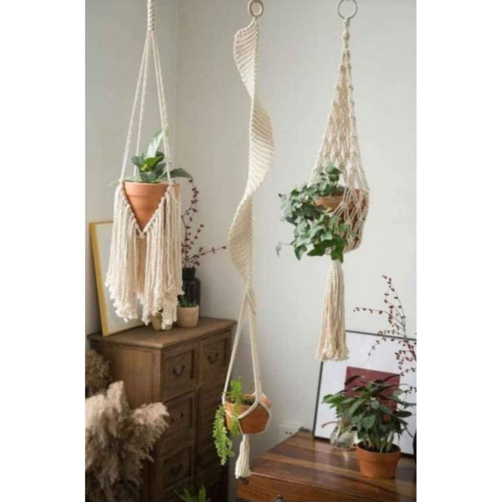 White Macrame  Pot Hanger
Set Of 3 
Size - 20 ,40,20 Inches-Indiehaat