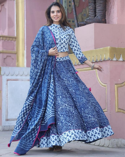 Handblock Printed Cotton Lehanga And Top With Mulmul Dupatta (Size 34-46) Blue Color-Indiehaat