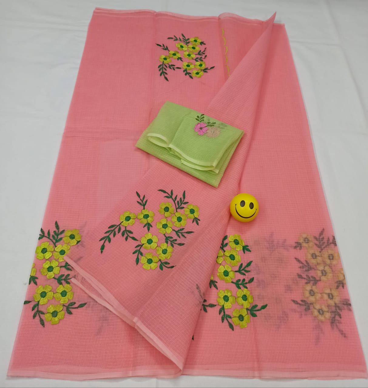 Kota Doria Peach Pure Cotton Embroidery Saree With Blouse Handcrafted-Indiehaat