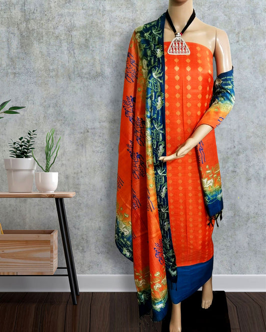 Katan Silk Suit Piece Orange Color with Printed Dupatta - IndieHaat