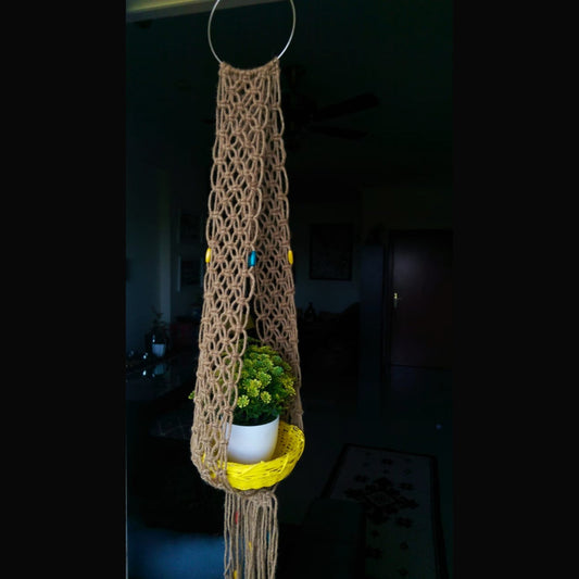 Macrame Wall Hanging Mesh Pot Holder With Wooden Beads And Jute Thread-Indiehaat