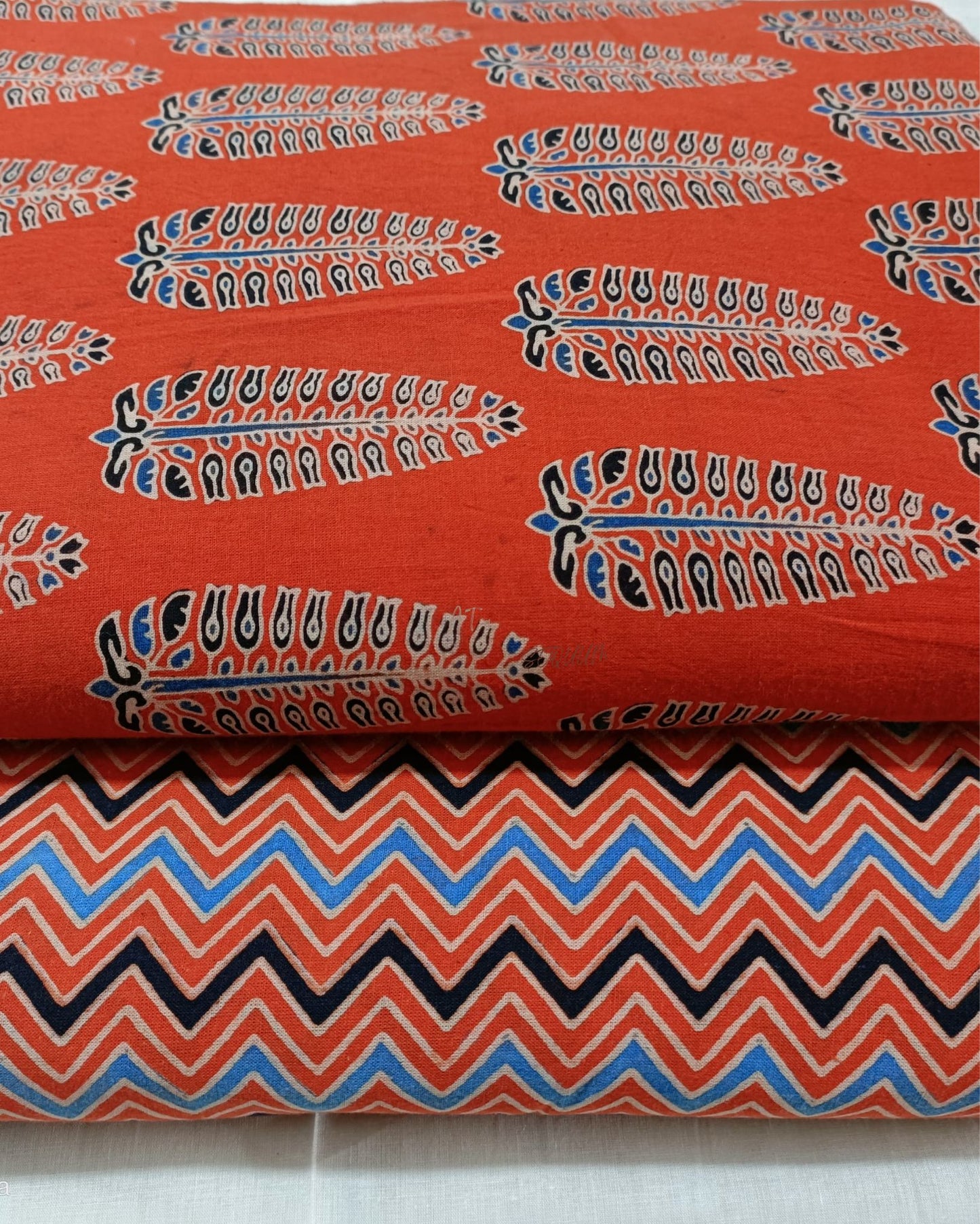 Indiehaat Cotton Orange  Suit Ajrakh Printed( Top and Bottom Only| 2.5 meter each