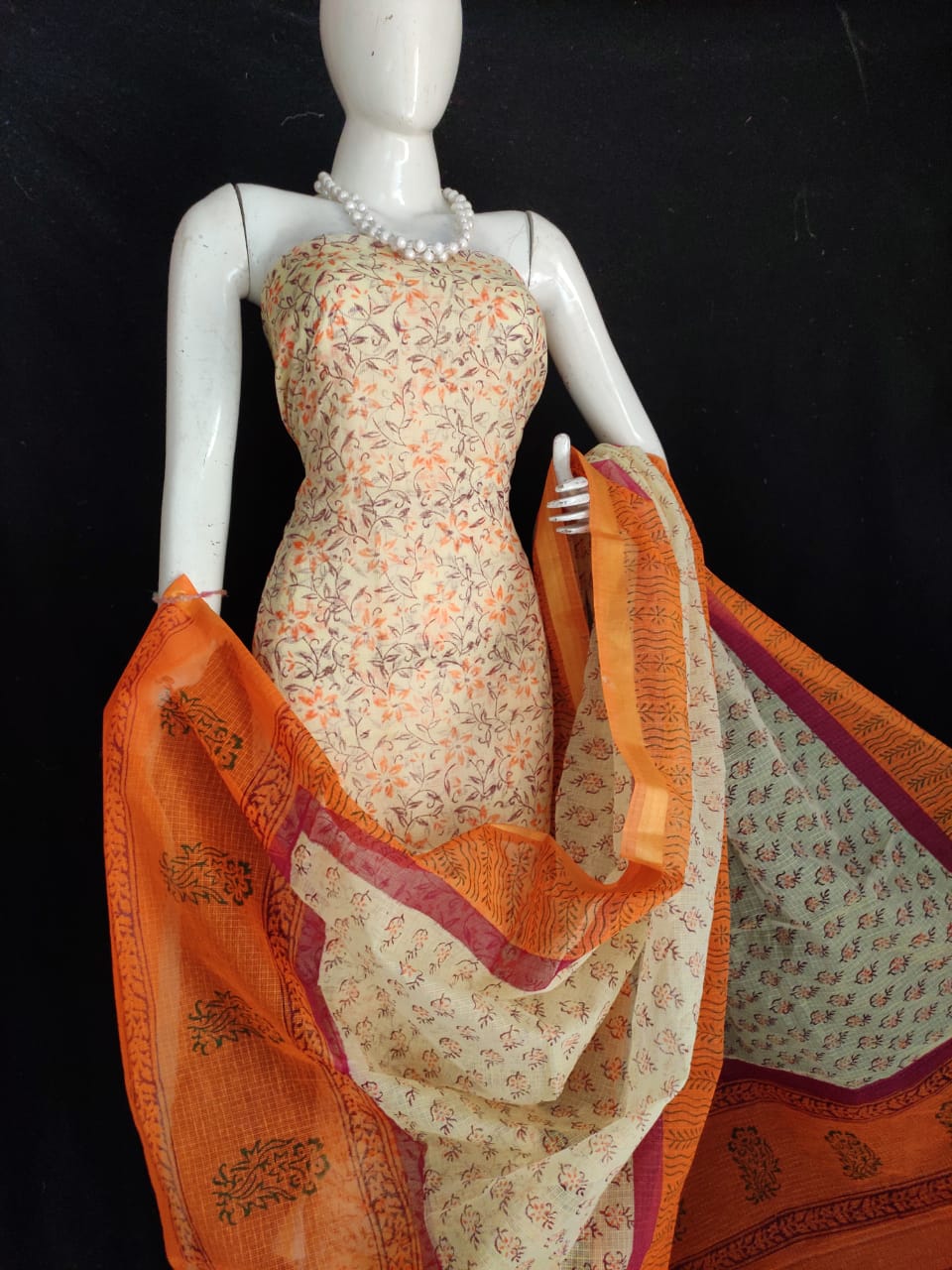 Kota Doria Orange color Suit Material Handblock Printed with Zari Border Dupatta-Indiehaat