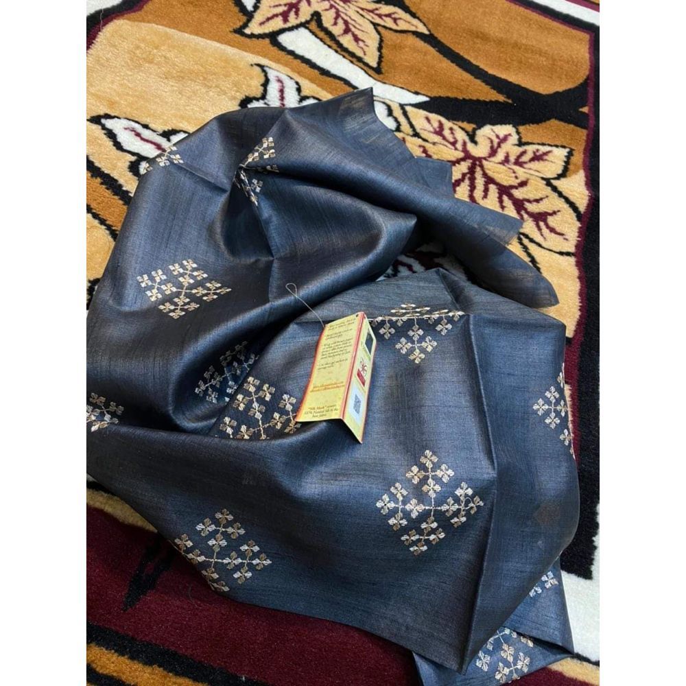 Silkmark Certifiied Pure Tussar Silk Embroidered Handloom Pearl Blue Saree (Tussar by Tussar) with Blouse-Indiehaat
