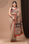 Pure Chanderi Silk  Beige Saree Handblock Printed with running blouse