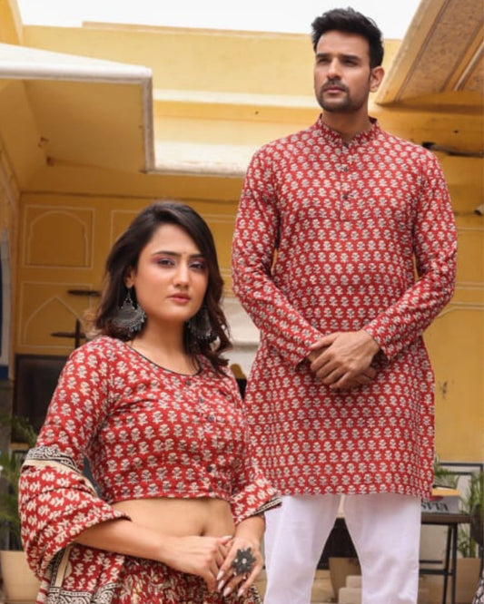 Handblock Printed Cotton Lehanga with Mulmul Dupatta and Kurta Pyjama Combo (Size: 32-46) Red Color-Indiehaat