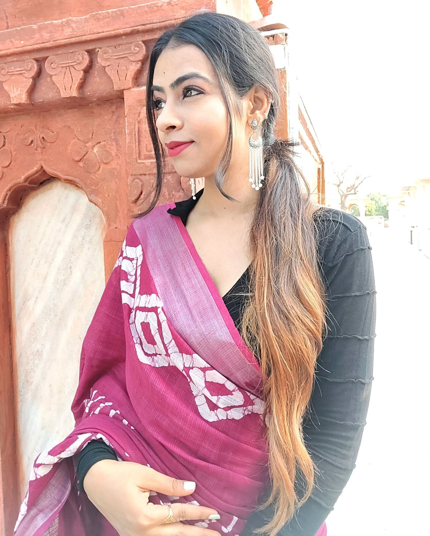 Cotton Linen Batik Print Saree Dark Red Color with running blouse - IndieHaat
