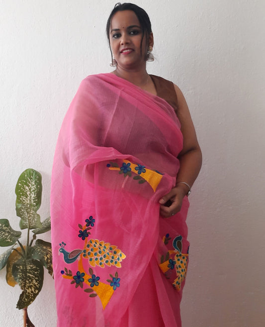 Kota Doria Cotton Saree Embroidered Pink 15% Off - IndieHaat