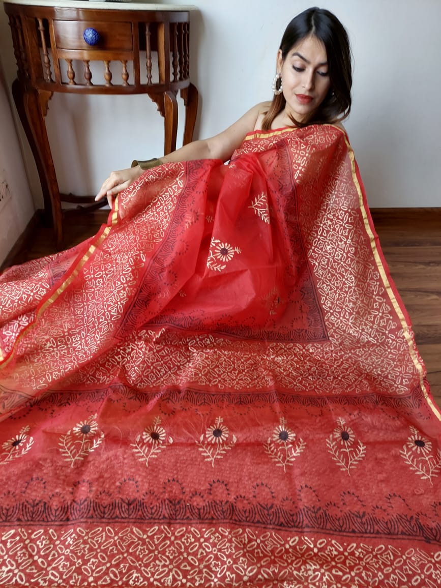 Hand Painted Organza Saree Red Colour with touch of gold print in vibrant Indian colours and matching running Blouse-Indiehaat