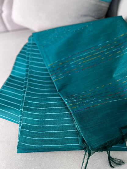 Kota Staple Silk Flag and Sequence Pallu Saree Teal Blue Colour with Running Blouse-Indiehaat