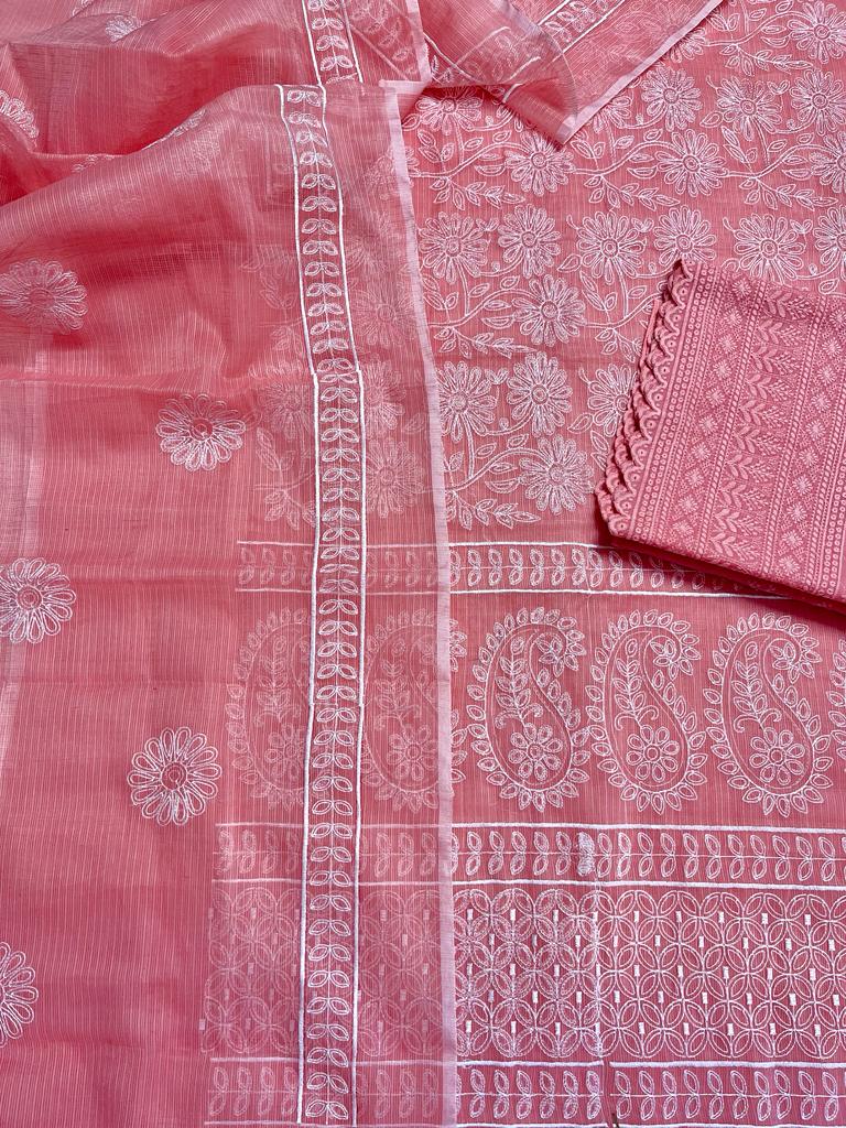 Kota Doria Embroidery Work Suit Material with Chikankari Embroidery work bottom English Red Colour (TOP+DUPATTA+BOTTOM)-Indiehaat