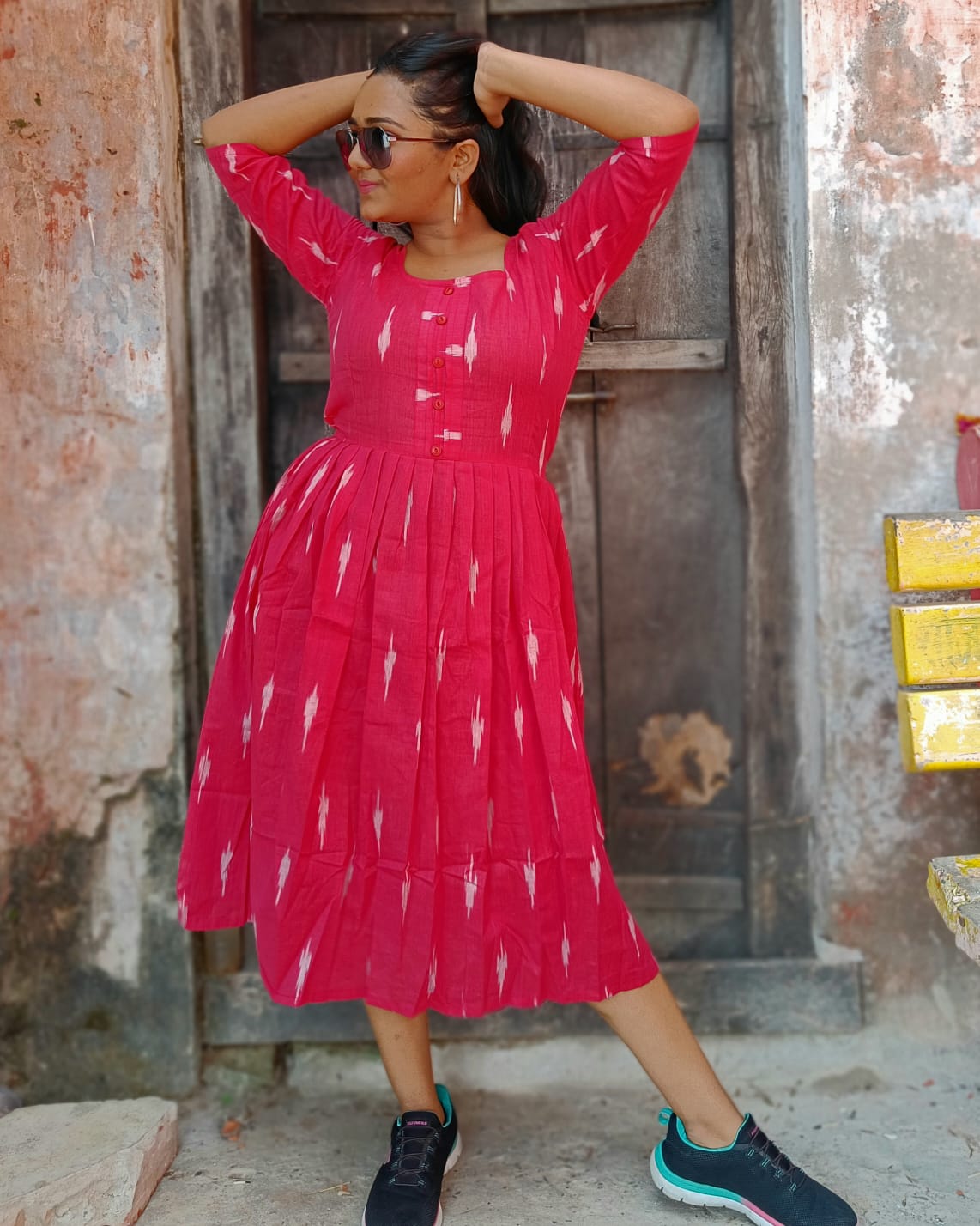 Pure Cotton Ikkat Dress Red Colour (Size XXS(32) to Plus Size(56))-Indiehaat –