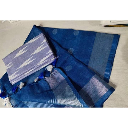 Pure Linen Blue Dupatta With Voilet Ikkat Kurti Material-Indiehaat