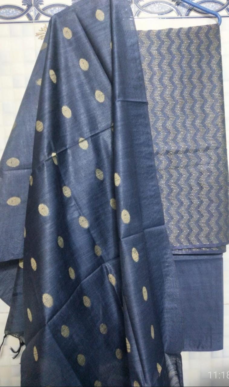 Handcrafted Katan Silk Grey Suit Piece with Bottom and Dupatta-Indiehaat