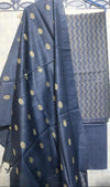 Handcrafted Katan Silk Gray Suit Piece with Bottom and Dupatta-Indiehaat