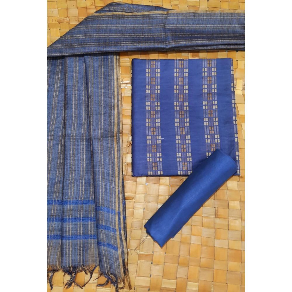 Katan Silk Blue Suit Piece with Bottom and Dupatta Handcrafted-Indiehaat