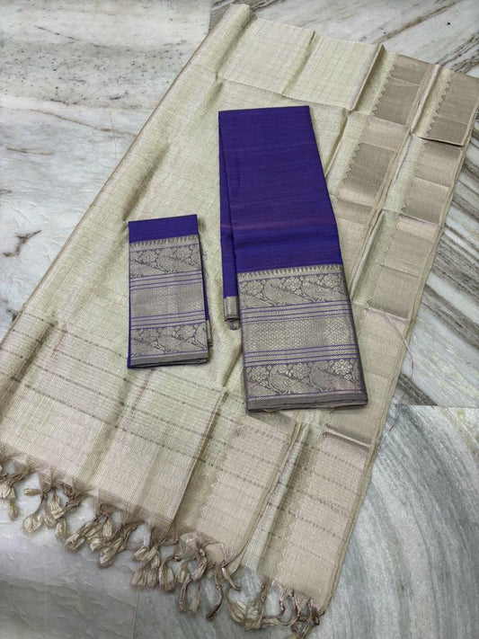 Mangalagiri Lehanga Sets Light Grey & Dark Violet Color 300 K Kanchi Border (Lehanga+Blouse+Dupatta) - IndieHaat